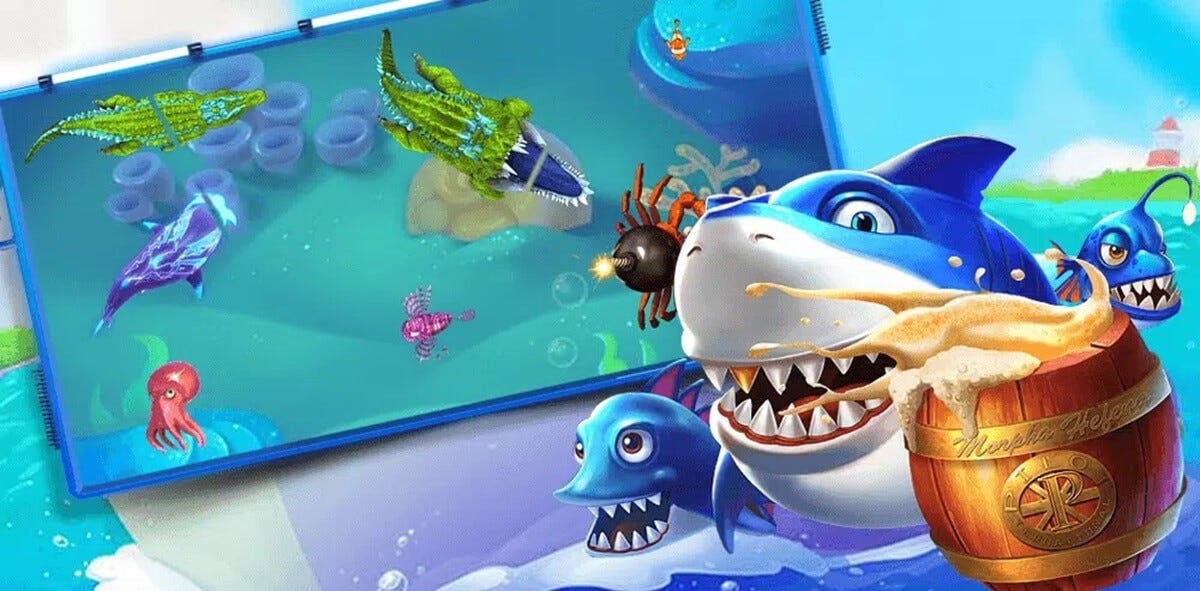 หน้าจอเกมยิงปลาที่มีปลาและเป้าหมายเคลื่อนผ่านฉากใต้ทะเล
